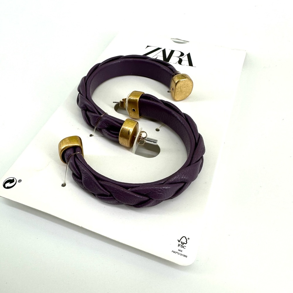 New Zara Purple Leather Hoops Gold Tone - Picture 2 of 5